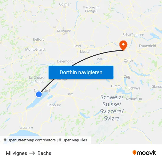 Milvignes to Bachs map