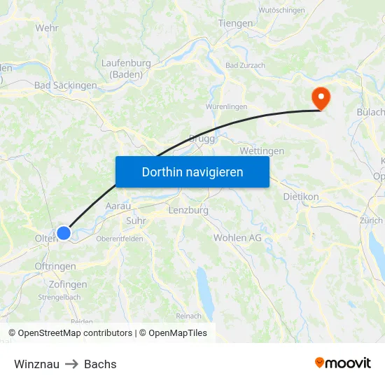 Winznau to Bachs map