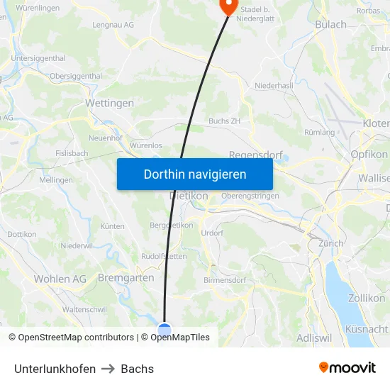 Unterlunkhofen to Bachs map