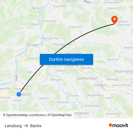 Lenzburg to Bachs map