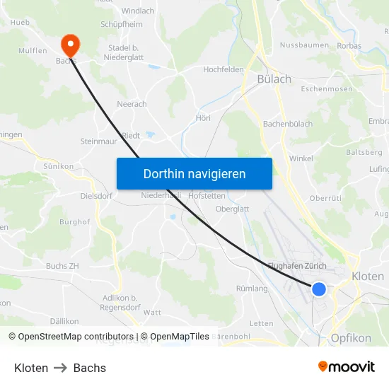 Kloten to Bachs map