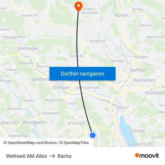 Wettswil AM Albis to Bachs map