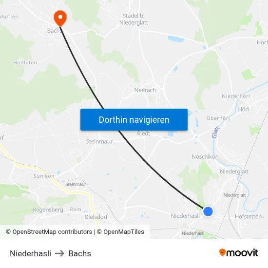 Niederhasli to Bachs map