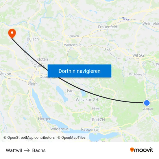 Wattwil to Bachs map
