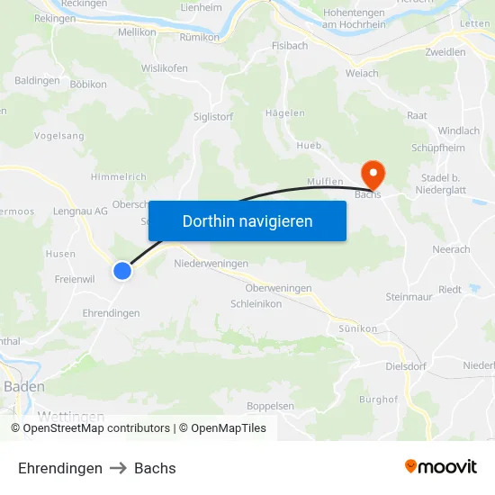Ehrendingen to Bachs map