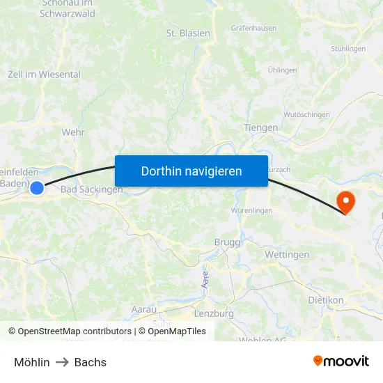Möhlin to Bachs map