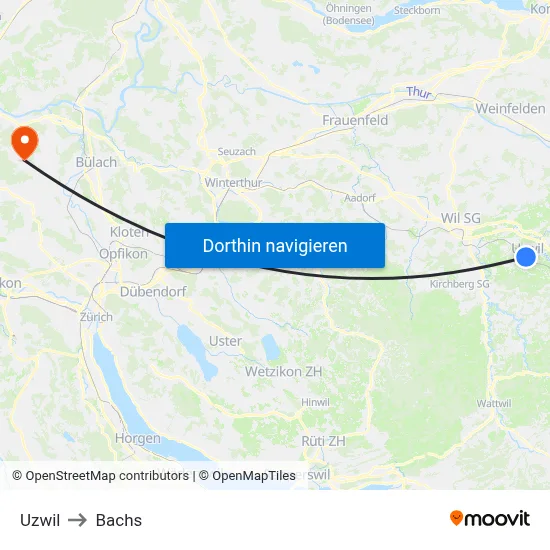 Uzwil to Bachs map
