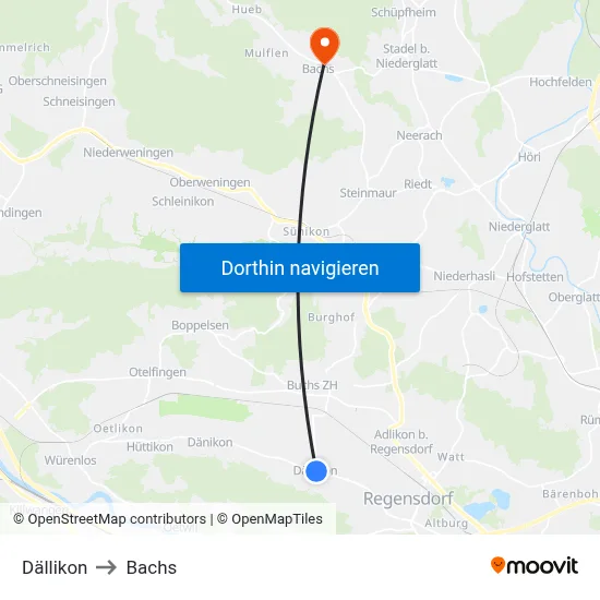 Dällikon to Bachs map