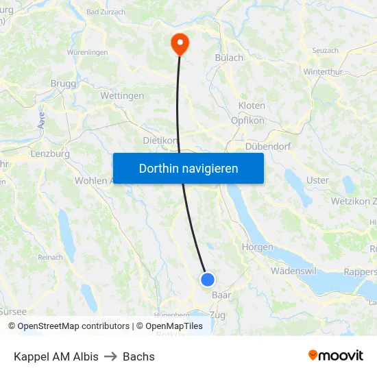 Kappel AM Albis to Bachs map