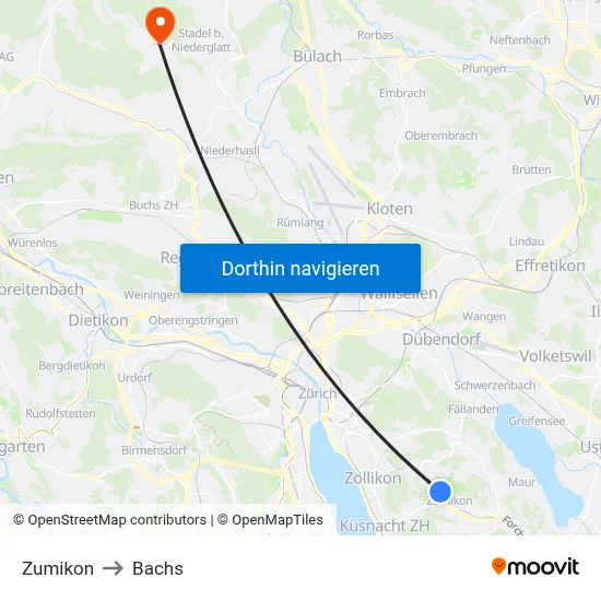 Zumikon to Bachs map