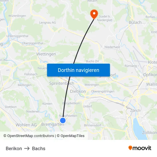 Berikon to Bachs map