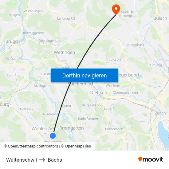 Waltenschwil to Bachs map