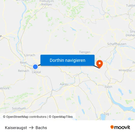 Kaiseraugst to Bachs map