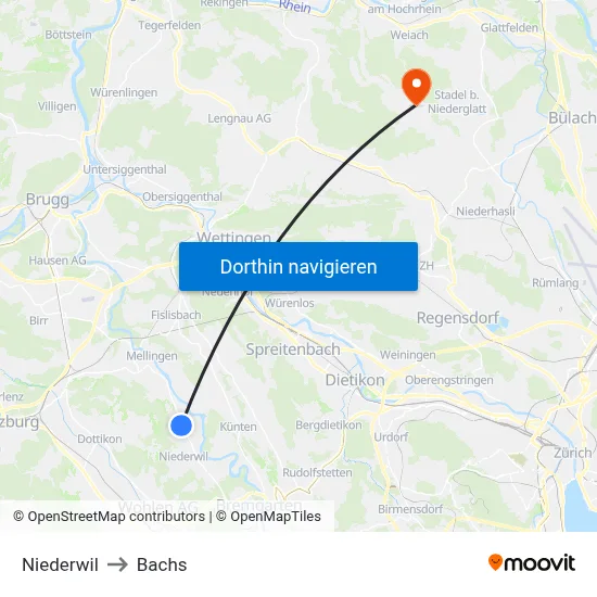 Niederwil to Bachs map