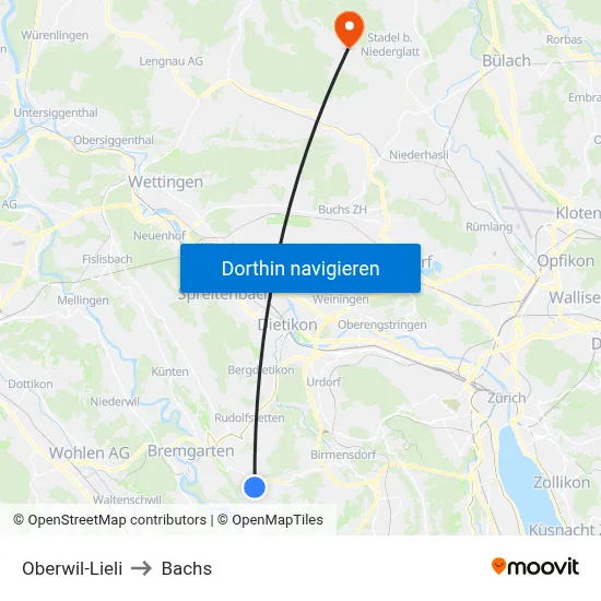 Oberwil-Lieli to Bachs map