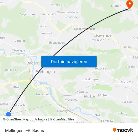 Mellingen to Bachs map
