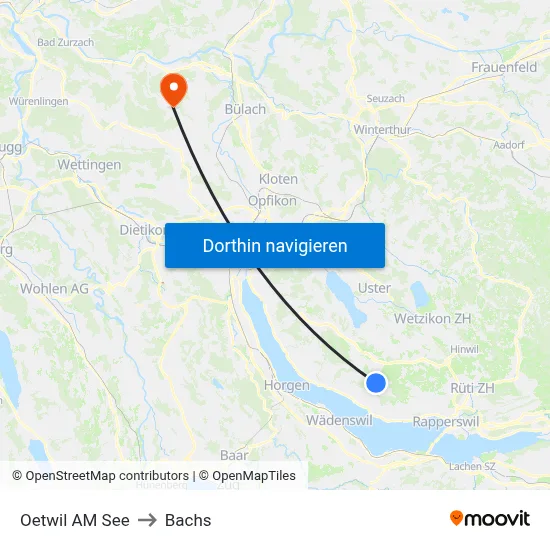 Oetwil AM See to Bachs map