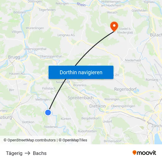 Tägerig to Bachs map