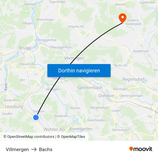 Villmergen to Bachs map
