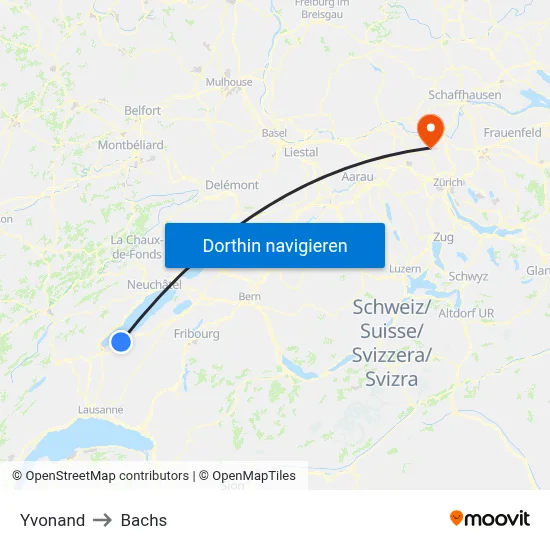 Yvonand to Bachs map