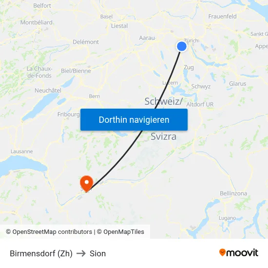 Birmensdorf (Zh) to Sion map