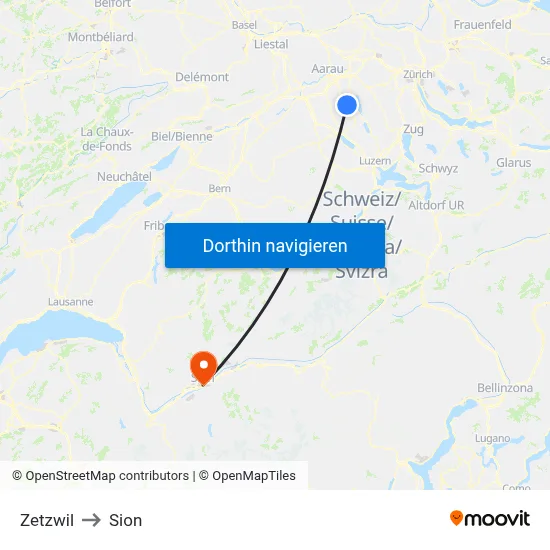 Zetzwil to Sion map