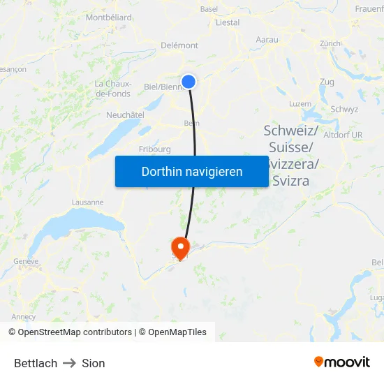 Bettlach to Sion map
