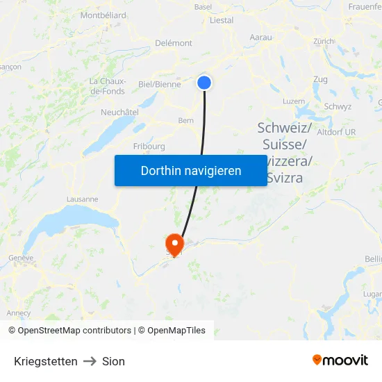 Kriegstetten to Sion map