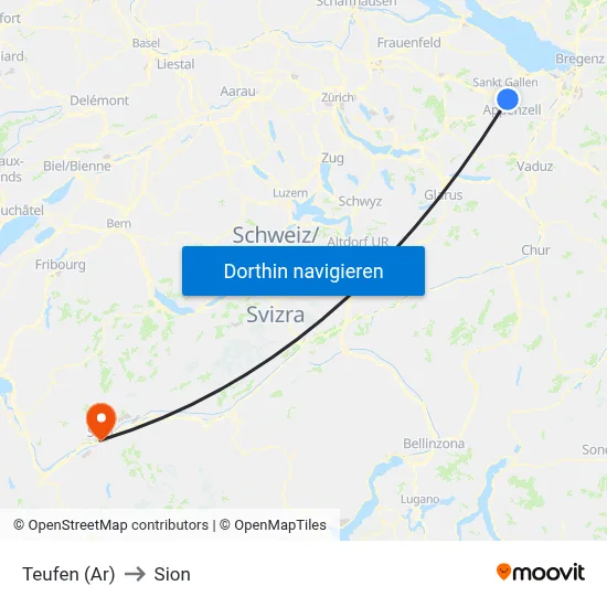 Teufen (Ar) to Sion map