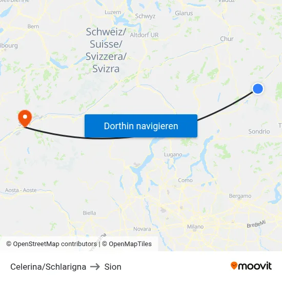 Celerina/Schlarigna to Sion map