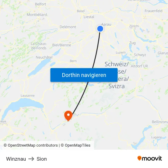 Winznau to Sion map