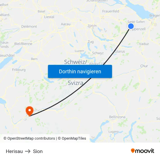 Herisau to Sion map