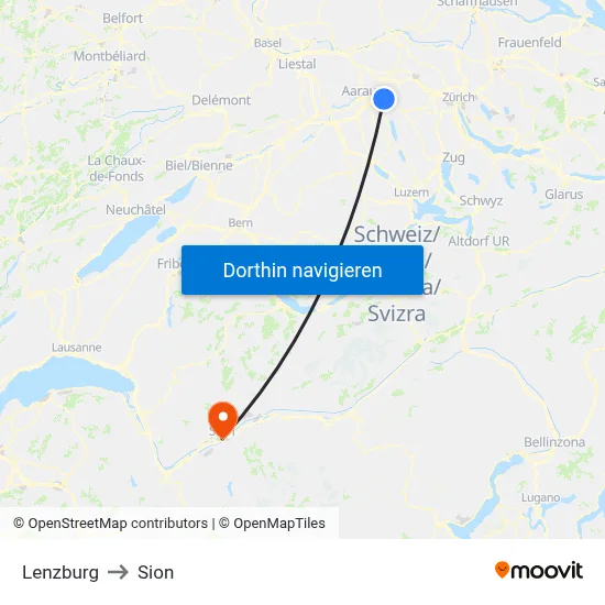 Lenzburg to Sion map