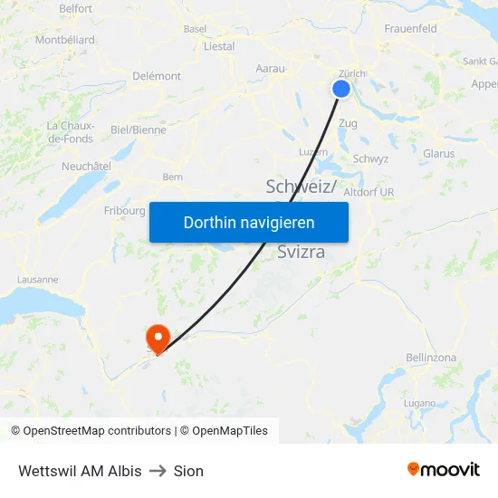 Wettswil AM Albis to Sion map