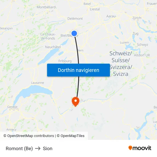Romont (Be) to Sion map