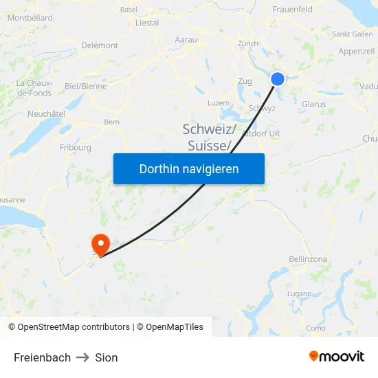Freienbach to Sion map