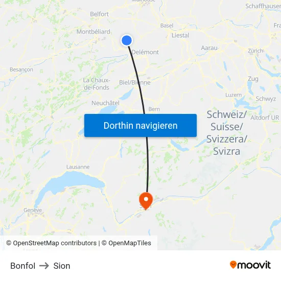 Bonfol to Sion map