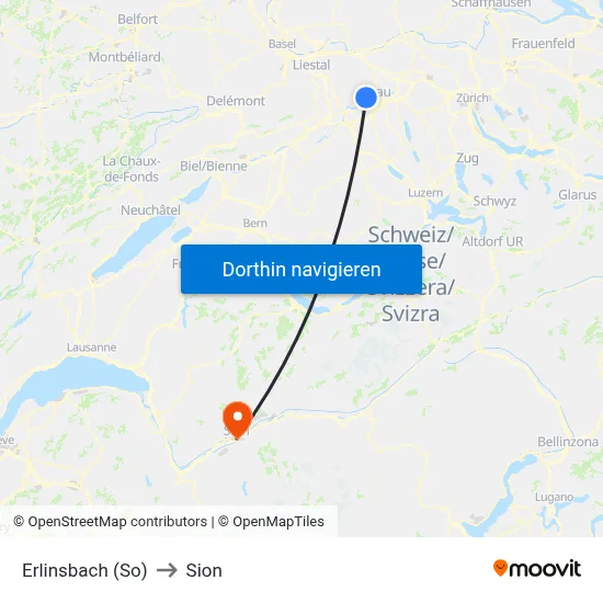 Erlinsbach (So) to Sion map