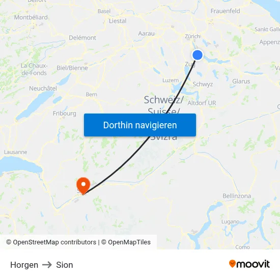 Horgen to Sion map