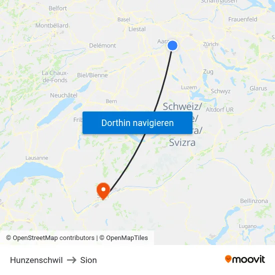 Hunzenschwil to Sion map