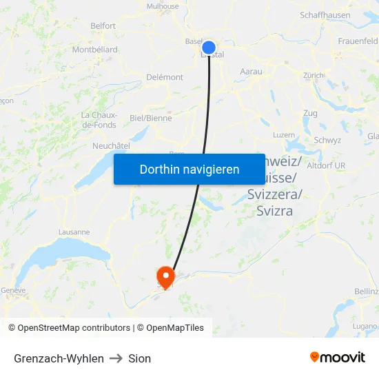 Grenzach-Wyhlen to Sion map