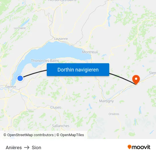 Anières to Sion map