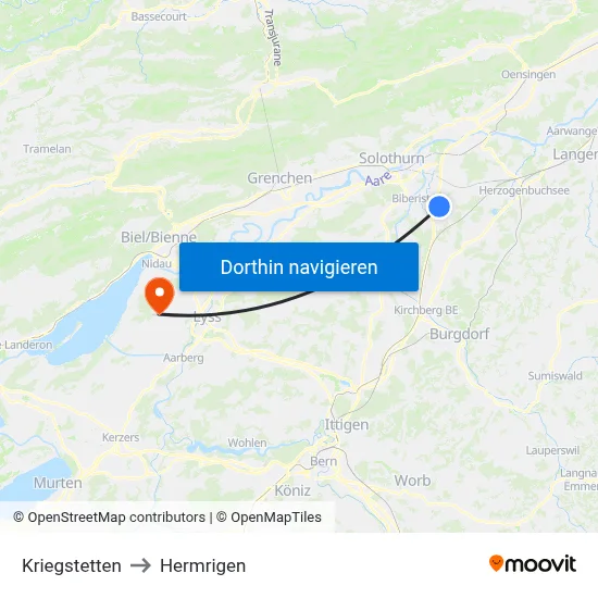 Kriegstetten to Hermrigen map