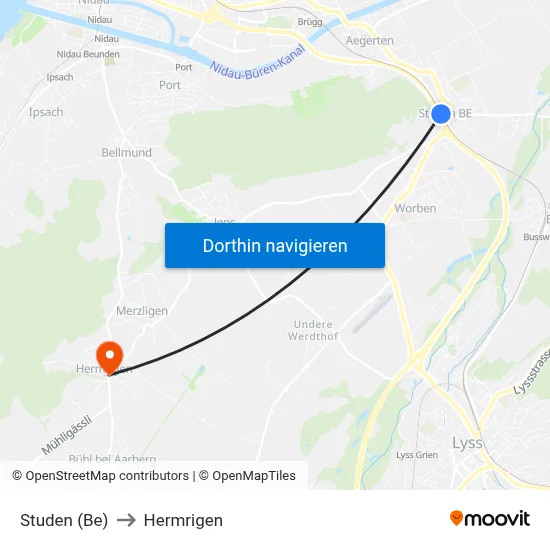 Studen (Be) to Hermrigen map