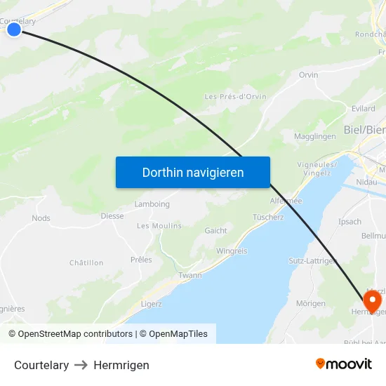Courtelary to Hermrigen map