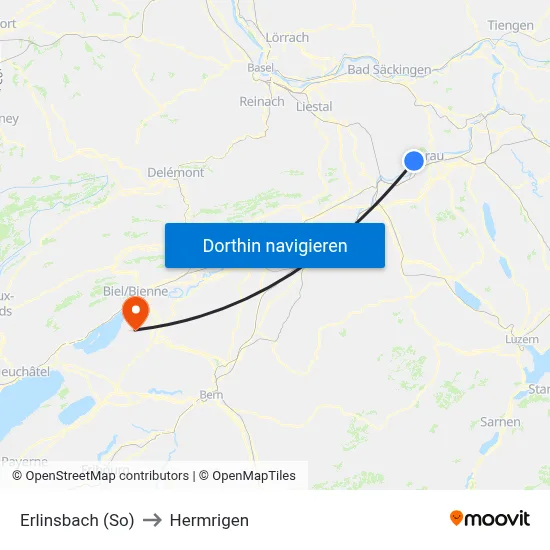 Erlinsbach (So) to Hermrigen map
