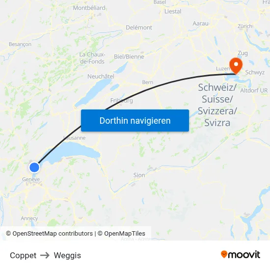 Coppet to Weggis map