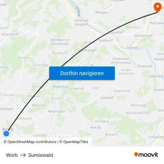 Worb to Sumiswald map