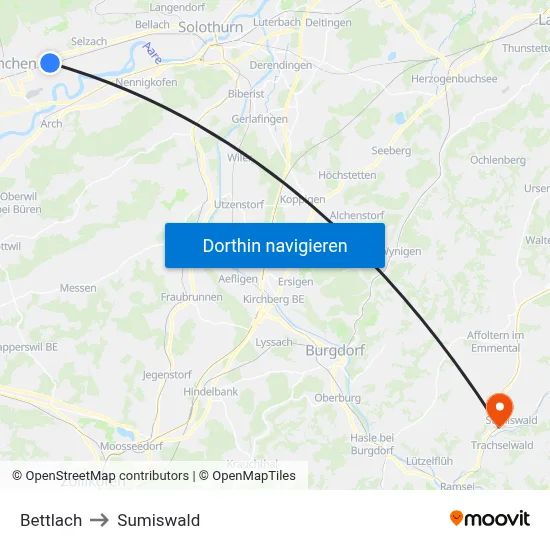 Bettlach to Sumiswald map