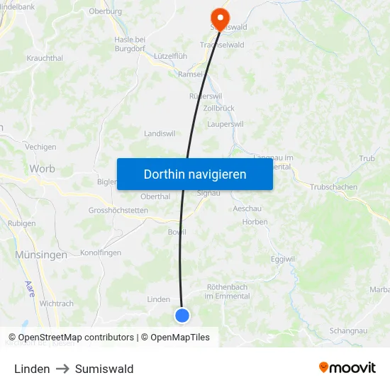 Linden to Sumiswald map